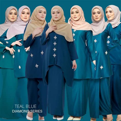 Teal Blue Plain Basic Diamond Series Kurung Moden Riau Scallop Kebaya