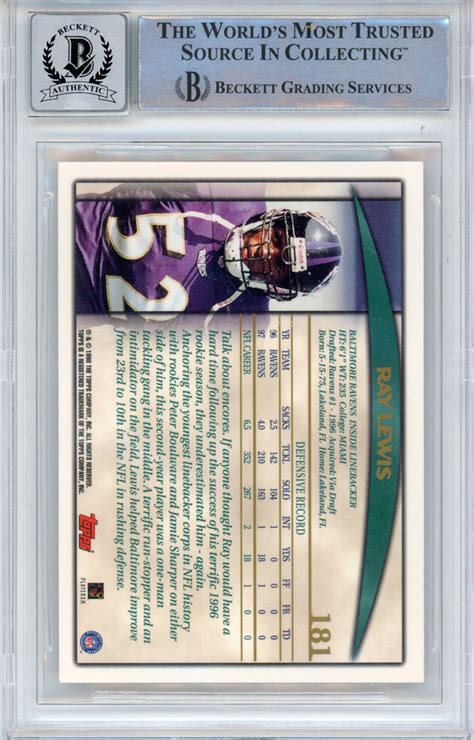 Ray Lewis Autographed Signed 1998 Topps 181 Trading Card Beckett Slab