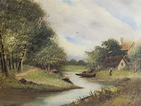 TABLEAU SIGNÉ Paysage Animé Bord de Rivière Peinture huile sur