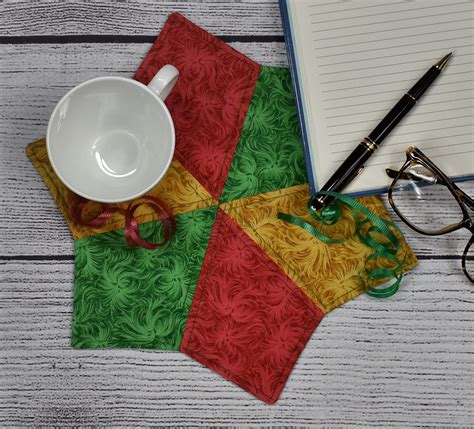 Mug Rug Quilted Mug Rug Fabric Mug Rug Red Green And Gold Mug Rug Reversible Mug Rug Etsy