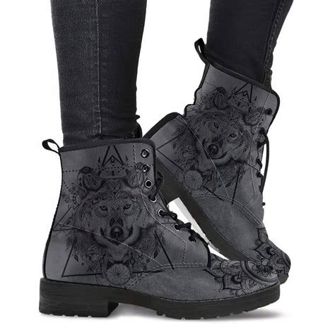 wolf printed combat boots vegan leather lace  printed boots  women