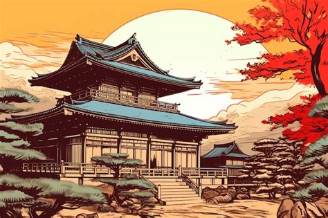 Premium AI Image | A drawing of a japanese temple in a landscape