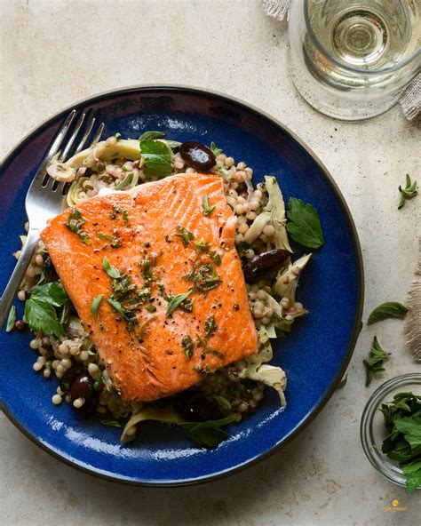 Salmon With Lemon Oregano Sauce And Artichoke Fregola Pilaf Recipe