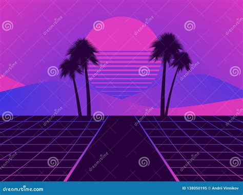 Retro Futuristic Landscape With Palm Trees Neon Sunset In The Style Of