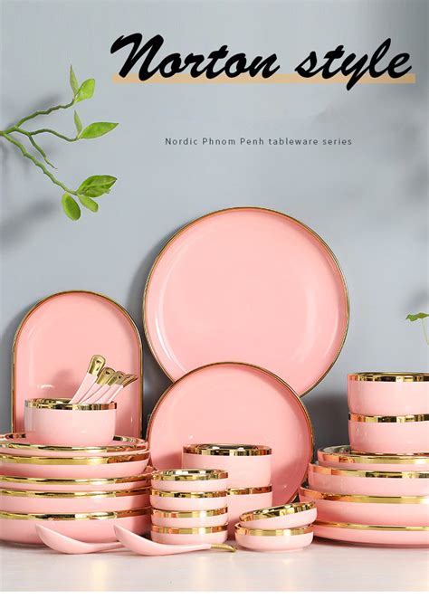 Porcelain Dinnerware Ceramic Tableware Kitchen Plates Set Pink