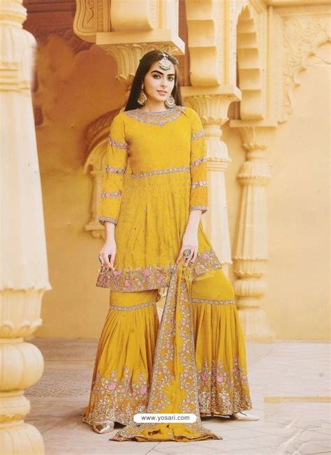 Buy Yellow Designer Party Wear Faux Georgette Sharara Suit Palazzo