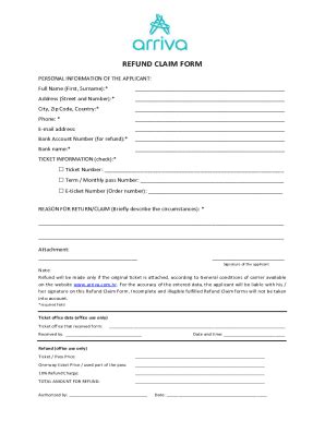 Fillable Online Refund Claim Form Arriva Hr Fax Email Print