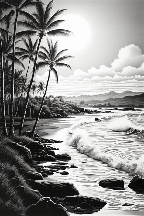 Black and white drawing of a tropical beach mountain scene - Gallery ...