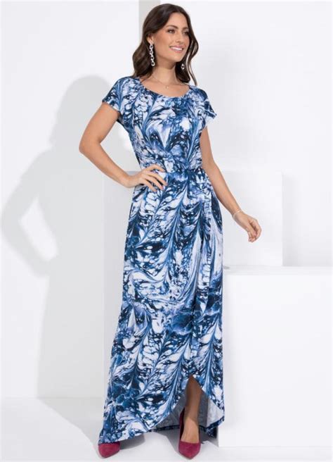 Vestido Longo Mineral Azul Saia Transpassada Quintess