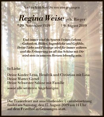 Traueranzeigen Von Regina Weise Trauer Hna De