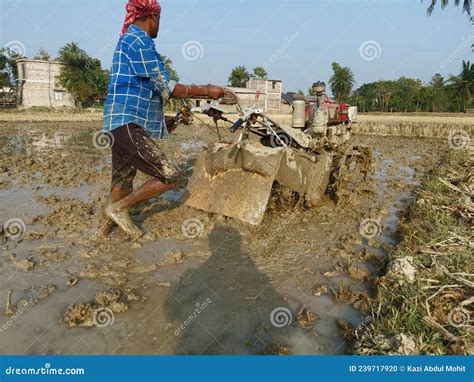 A Muddy Land And A Farmer With His Power Tiller Or Hand Tractor