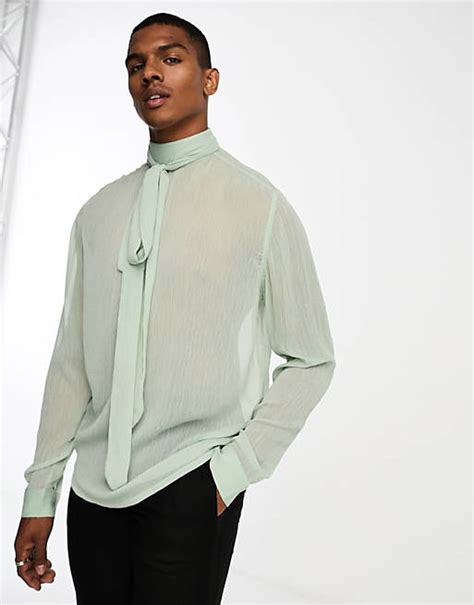 Asos Design Relaxed Long Sleeve Sheer Crepe Shirt With High Neck