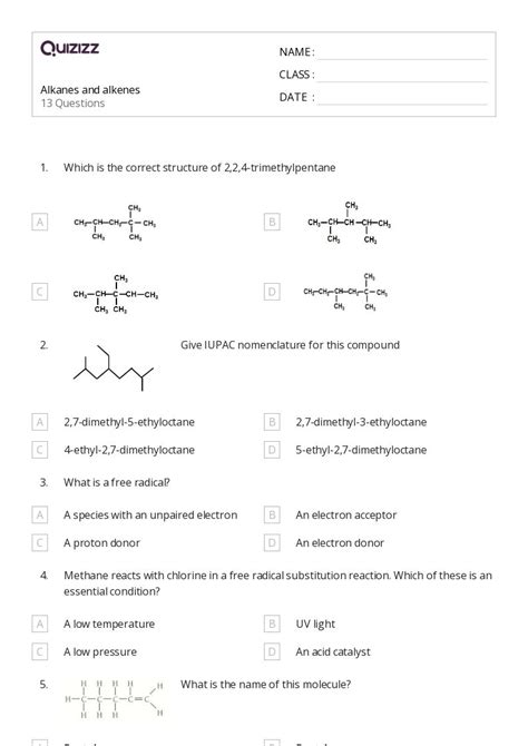 Alkanes Cycloalkanes And Functional Groups Worksheets For Th Year