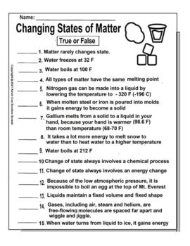 Changing States Of Matter True Or False Worksheet Or Quiz Tpt