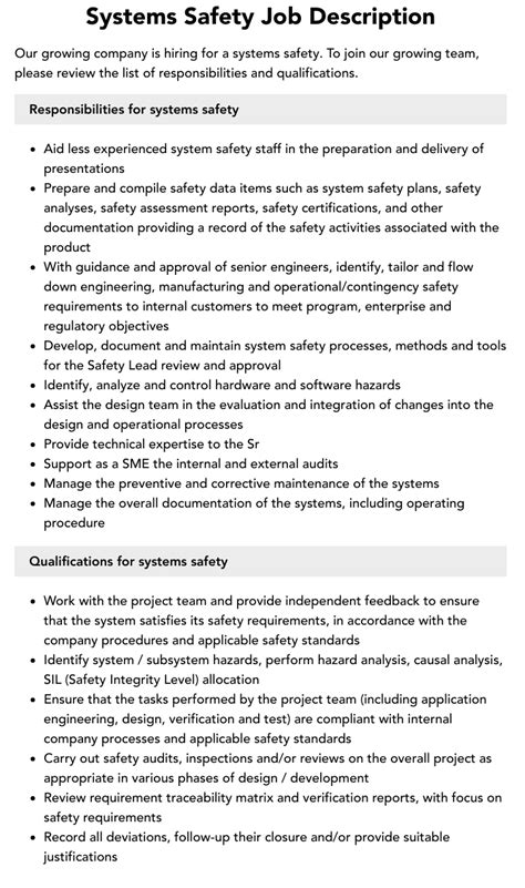 Systems Safety Job Description Velvet Jobs