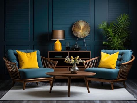 Premium AI Image | Modern Dark Blue Home interior with yellow armchairs ...