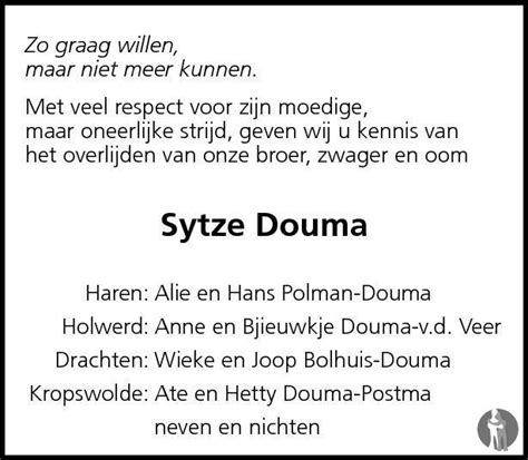 Sijtze Douma Overlijdensbericht En Condoleances Mensenlinq Nl