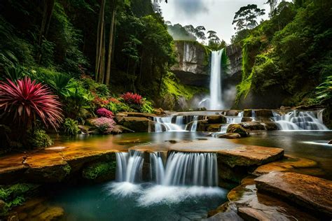 beautiful waterfall in the jungle with tropical plants and waterfalls ...