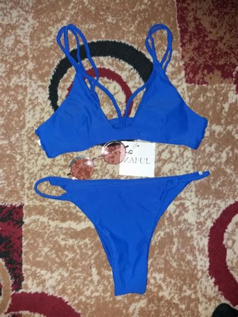 High Leg Strappy Bikini Set Blue Bikinis M Zaful