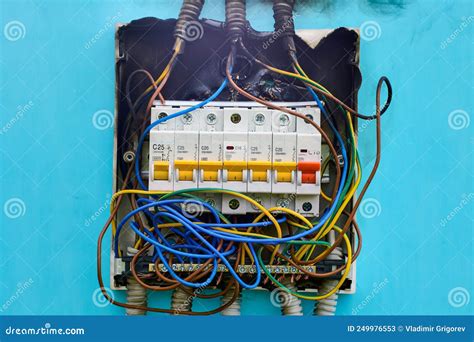 After An Electrical Fire Domestic Consumer Unit Wiring Was Burned Stock Image Image Of