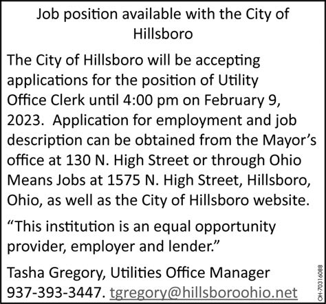 Office Clerk City Of Hillsboro Hillsboro Oh