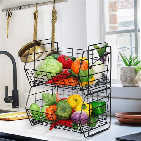 Giikin Stackable Wire Baskets 2 Tier Stacking Pantry Storage Basket Fruit Vegetable Produce