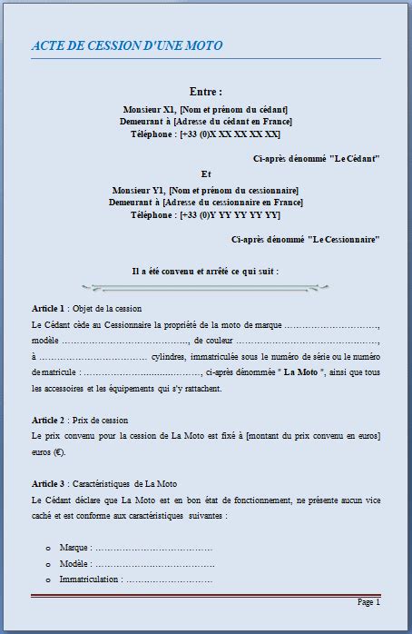 Acte de cession 1 exemple contrat de cession d une Moto Modèle de