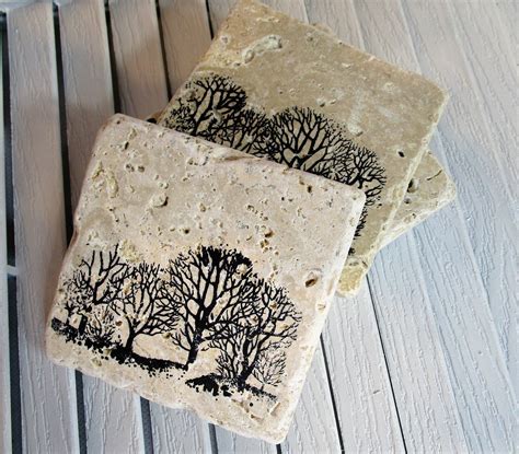 Natural Stone Tile Set Of Coasters Tree Stamped Coasters Tile Etsy