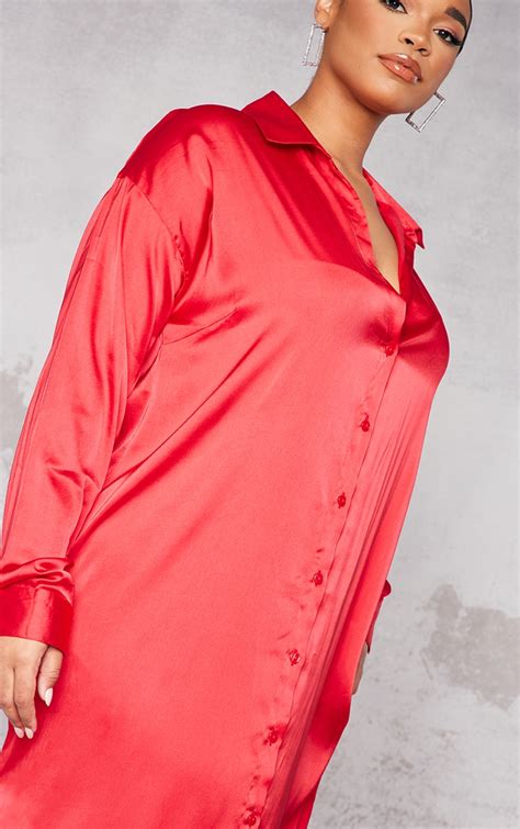 Plus Red Satin Maxi Shirt Dress Plus Size Prettylittlething Aus