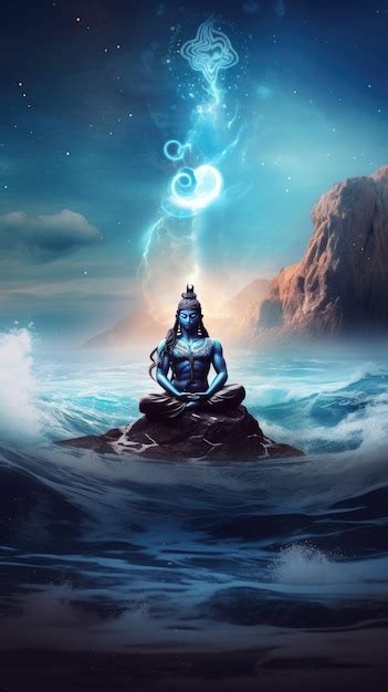 Una Pintura De Un Se Or Shiva Azul Sentado En Una Roca Con La Palabra