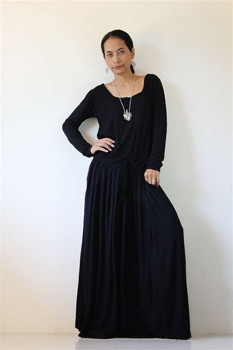 Plus Size Black Maxi Dress Long Sleeve Dress Autumn