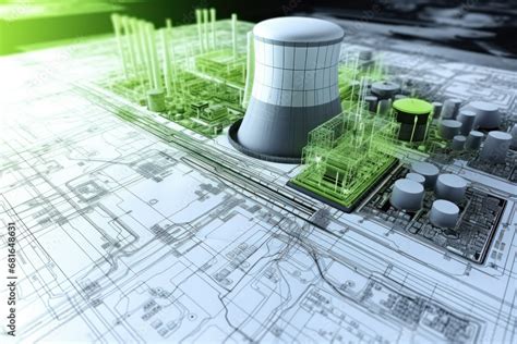 Nuclear power station design plans and 3D model Stock Photo | Adobe Stock