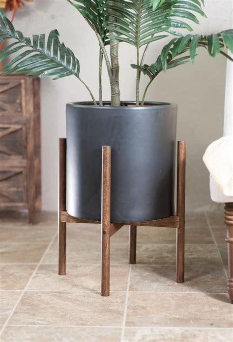 Large Modern Planter With Stand Ceramic Cylinder Pot Etsy Mid