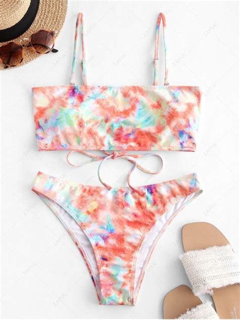 48 OFF 2020 ZAFUL Tie Dye Lace Up Tube Bikini Swimwear In MULTI A