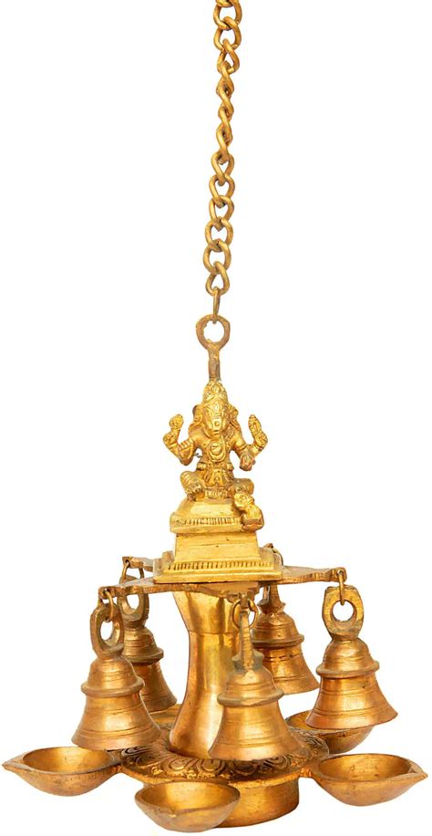 Lord Ganesha Hanging Five Wick Lamp With Bells Exotic India Art