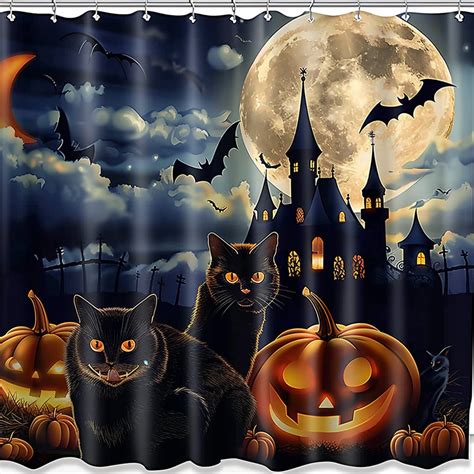 Hyperrealistic Halloween Shower Curtain Featuring Pumpkins Black Cats