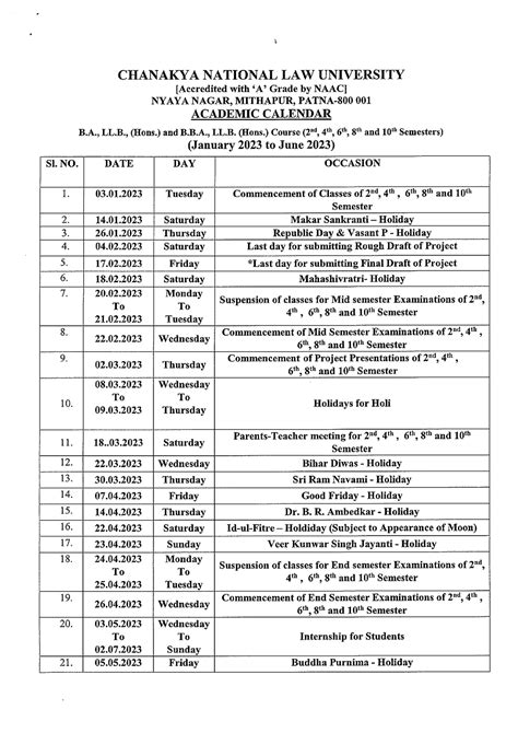 UG Academic Calendar January 2023 To June 2023 BALLB Integrated