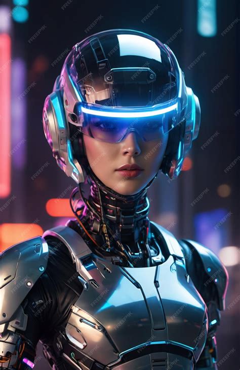 Premium Photo Futuristic Humanoid Wearing Bionic Armor With Neon Glowing Cyberpunk Style