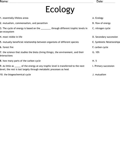 Ecology Worksheet Wordmint