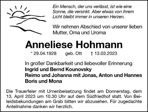 Traueranzeigen Von Anneliese Hohmann Trauer Nn De