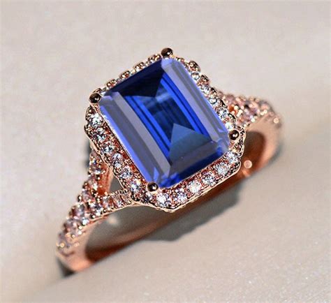 Lab Created Blue Sapphire Engagement Ring Emerald Cut Sapphire Etsy