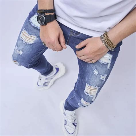 Slim Fit Ripped Jeans Mens Style Distressed Temu