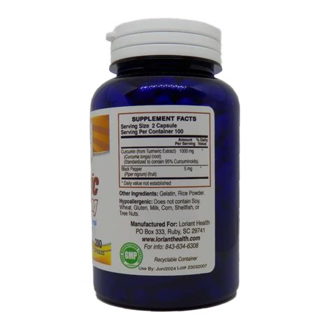 Pure Turmeric 1000 mg 200 Capsules - Loriant Health