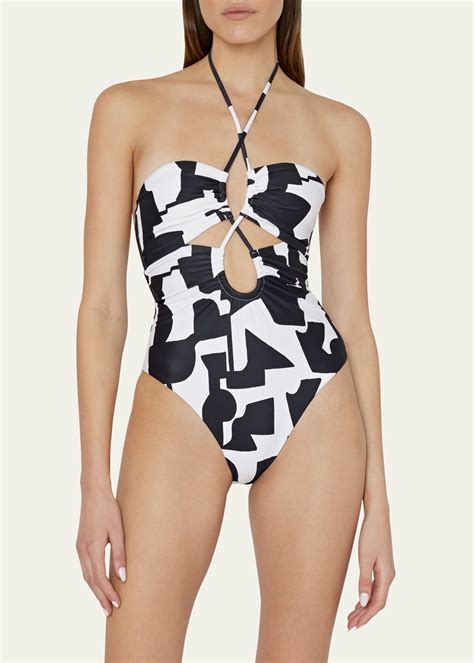 Milly Cabana Modern Geo Print Looped Cutout One Piece Swimsuit