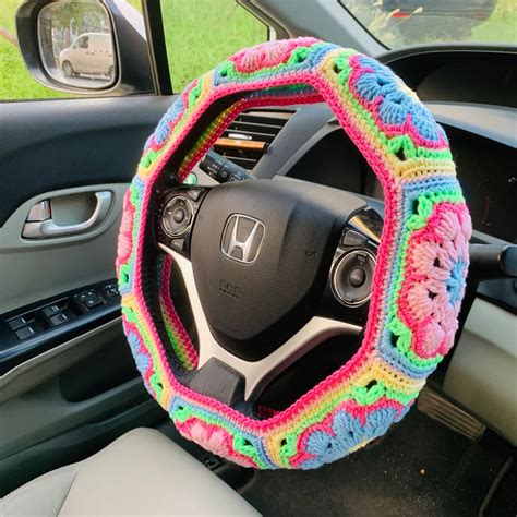 Steering Wheel Cover For Women Crochet Cute Rainbow Flower Seat Belt