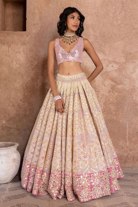 Buy Pink Blouse Net Embroidery Gota V Neck Chanderi Hand Bridal Lehenga