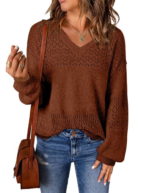 Eytino Pullover Sweaters for Women Casual Long Sleeve V Neck Sweater Lightweight Crochet ...