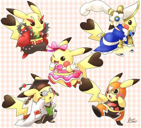 Four Different Types Of Pikachu And Other Pokemon Characters Are