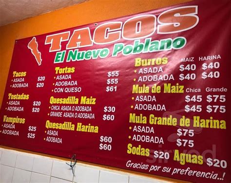 Tacos El Nuevo Poblano Menu In Tijuana B C Mexico