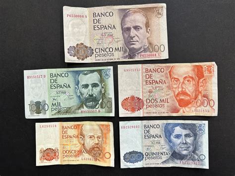 Spanish Peseta Banknote Set. 5000, 2000, 1000, 500 and 200 notes – Cavalier Coins